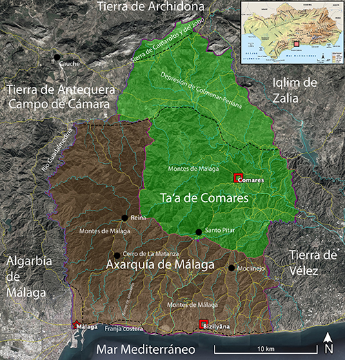 Mapa topográfico y político que muestra las regiones de Axarquía de Málaga y Ta'a de Comares con sus principales localidades, montañas, ríos y límites territoriales en la costa del Mar Mediterráneo.

Descripción generada con IA