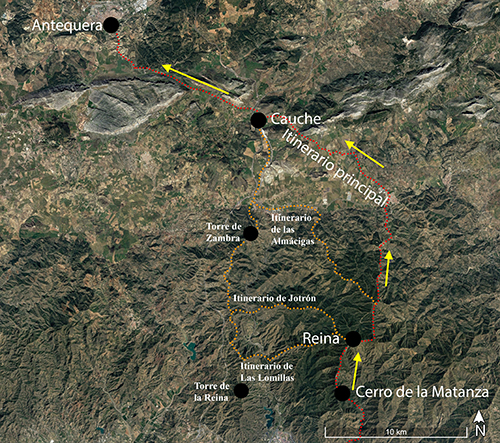 Mapa satelital que muestra un itinerario principal y varios itinerarios secundarios entre las localidades de Antequera, Cauche, Reina y Cerro de la Matanza con indicaciones de dirección y puntos de interés como Torres y rutas específicas.

Descripción generada con IA