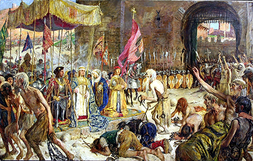 Una escena histórica pintada que muestra a personas encadenadas y descalzas frente a un grupo de personas vestidas con ropas elaboradas y armaduras, en un entorno que parece una fortaleza o ciudad amurallada con una multitud observando desde el fondo.

Descripción generada con IA