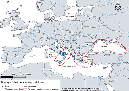 Mapa de Europa y el Mediterráneo que muestra sitios de entrega de cascos corintios con áreas de influencia y presencia fronteriza de ciudades griegas destacadas en colores y líneas.

Descripción generada con IA