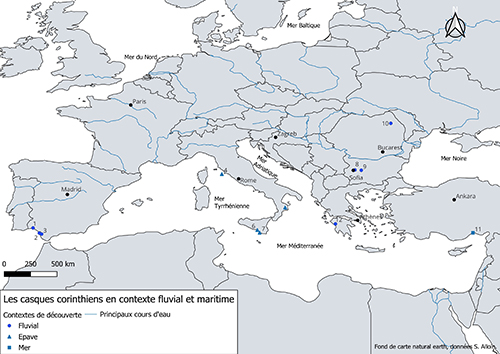 Mapa que muestra la distribución de cascos corintios en contextos fluviales y marítimos en Europa y el Mediterráneo con una leyenda que indica hallazgos en ríos, lagos y mar.

Descripción generada con IA