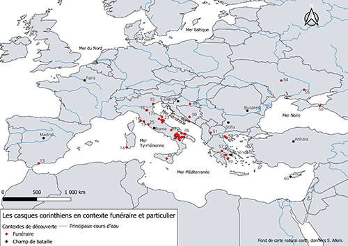 Mapa que muestra la distribución de casos orígenes en contextos funerarios y particulares en Europa y el Mediterráneo con puntos rojos y negros indicando diferentes tipos de descubrimientos.

Descripción generada con IA