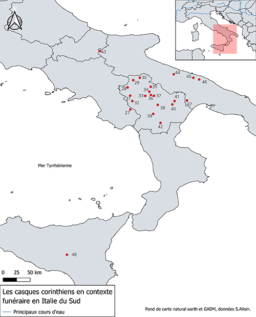 Mapa que muestra la distribución de cascos corintios en contextos funerarios en el sur de Italia con puntos rojos indicando ubicaciones específicas.

Descripción generada con IA