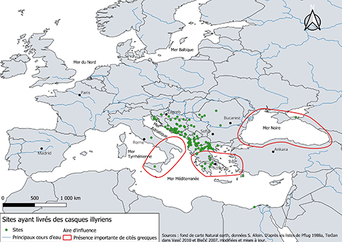 Mapa de Europa y el Mediterráneo que muestra sitios con cascos ilirios y áreas con presencia importante de estos cascos destacadas en rojo.

Descripción generada con IA